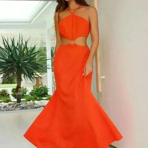 Burnt Orange Boho Women's Backless Hollow-Out Solid Color Sleeveless Dress - Picture 4 of 6